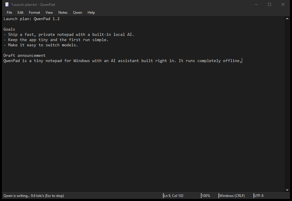 Qwen fixing grammar in QwenPad, streaming live