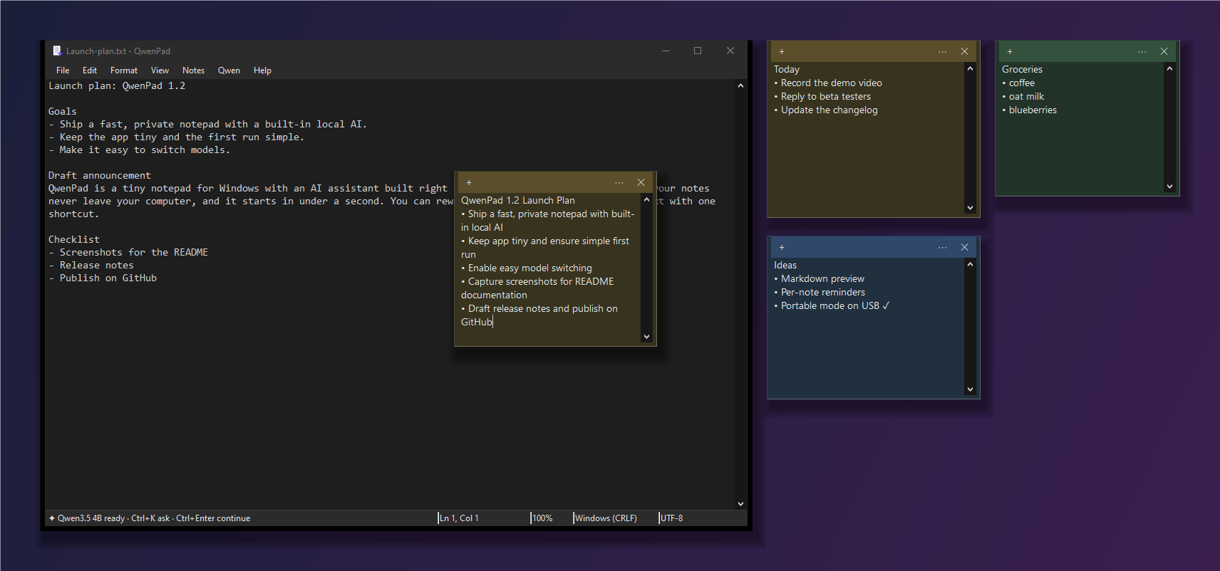QwenPad editor in dark mode with AI-generated sticky note