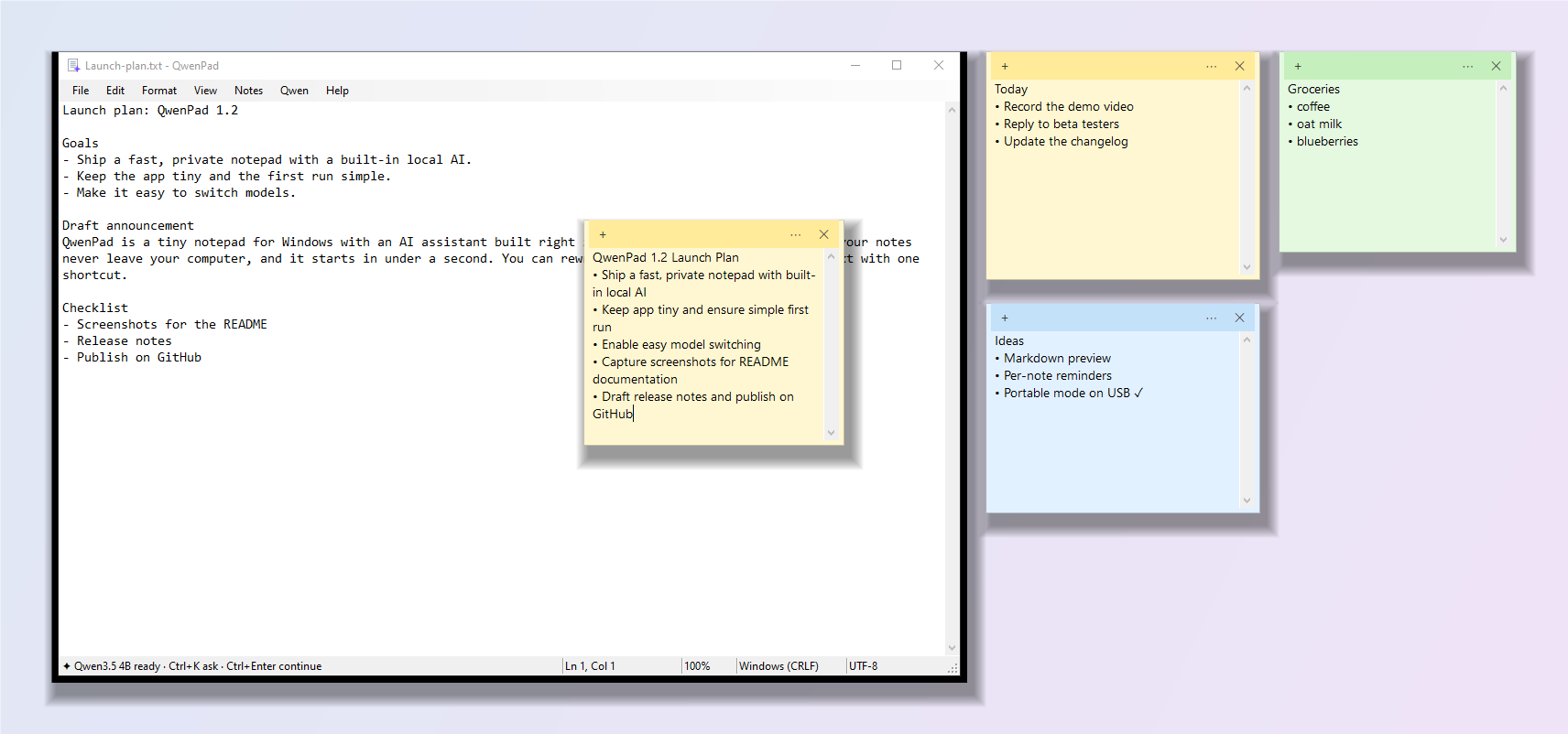 QwenPad light mode with sticky notes